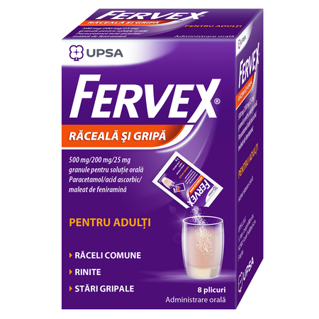 Fervex pentru adulti, 500mg/200mg/25mg, 8 plicuri, Upsa