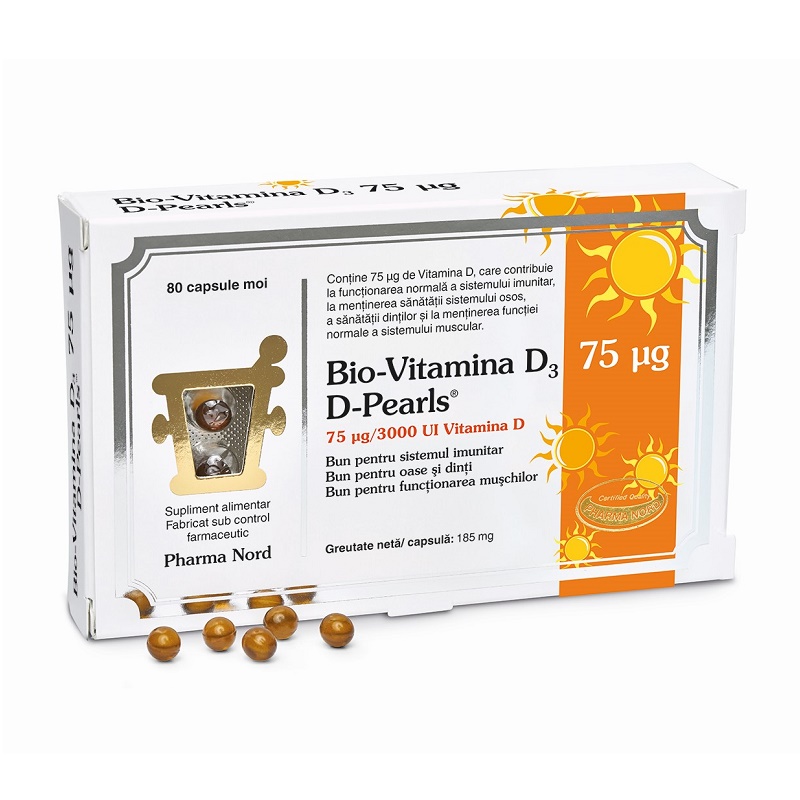 Bio Vitamina D3  3000UI  D-Pearls 75 mcg, 80 capsule moi, Pharma Nord