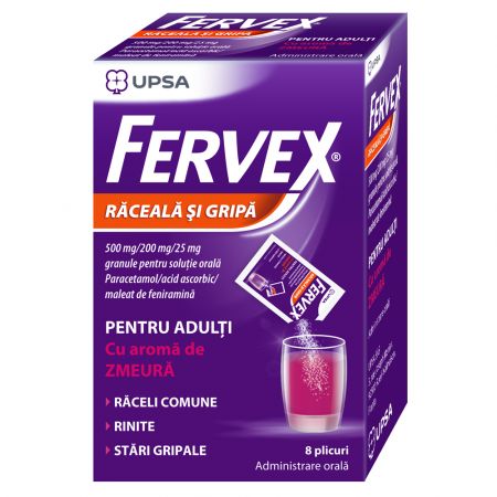 Fervex cu aroma de zmeura, 500mg/200mg/25mg, 8 plicuri, Upsa