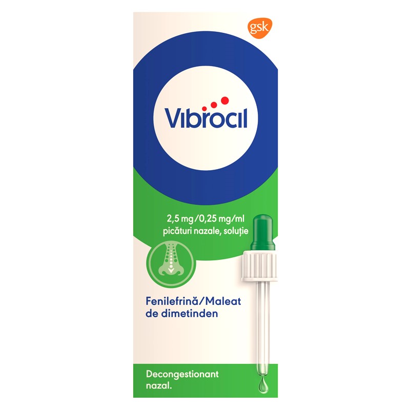 Vibrocil picături nazale, soluţie, 2,5 mg/0,25 mg/ml, 15 ml, Gsk