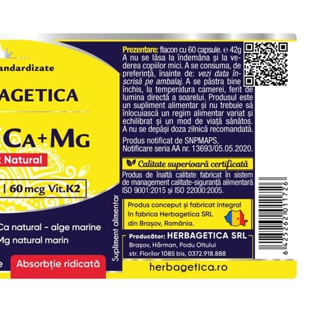 Complex natural D3+K2+Ca+Mg, 60 capsule vegetale, Herbagetica 710756