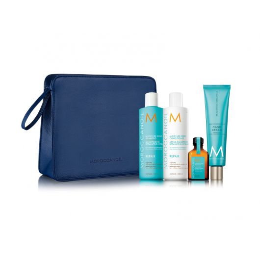 Pachet pentru reparare sampon 250 ml + balsam 250 ml + ulei tratament 25 ml + crema de maini 100 ml Xmas, Moroccanoil