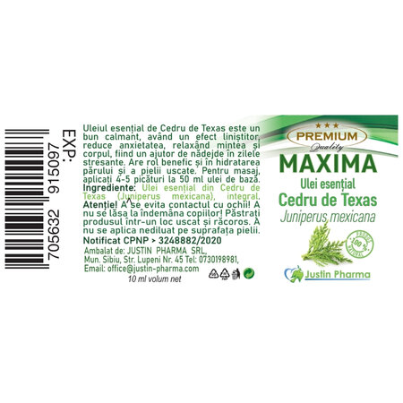 Ulei esential de Cedru de Texas Maxima, 10 ml, Justin Pharma 722499