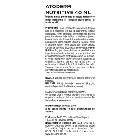 Crema pentru ten uscat si foarte uscat Atoderm Nutritive, 40 ml, Bioderma 752844