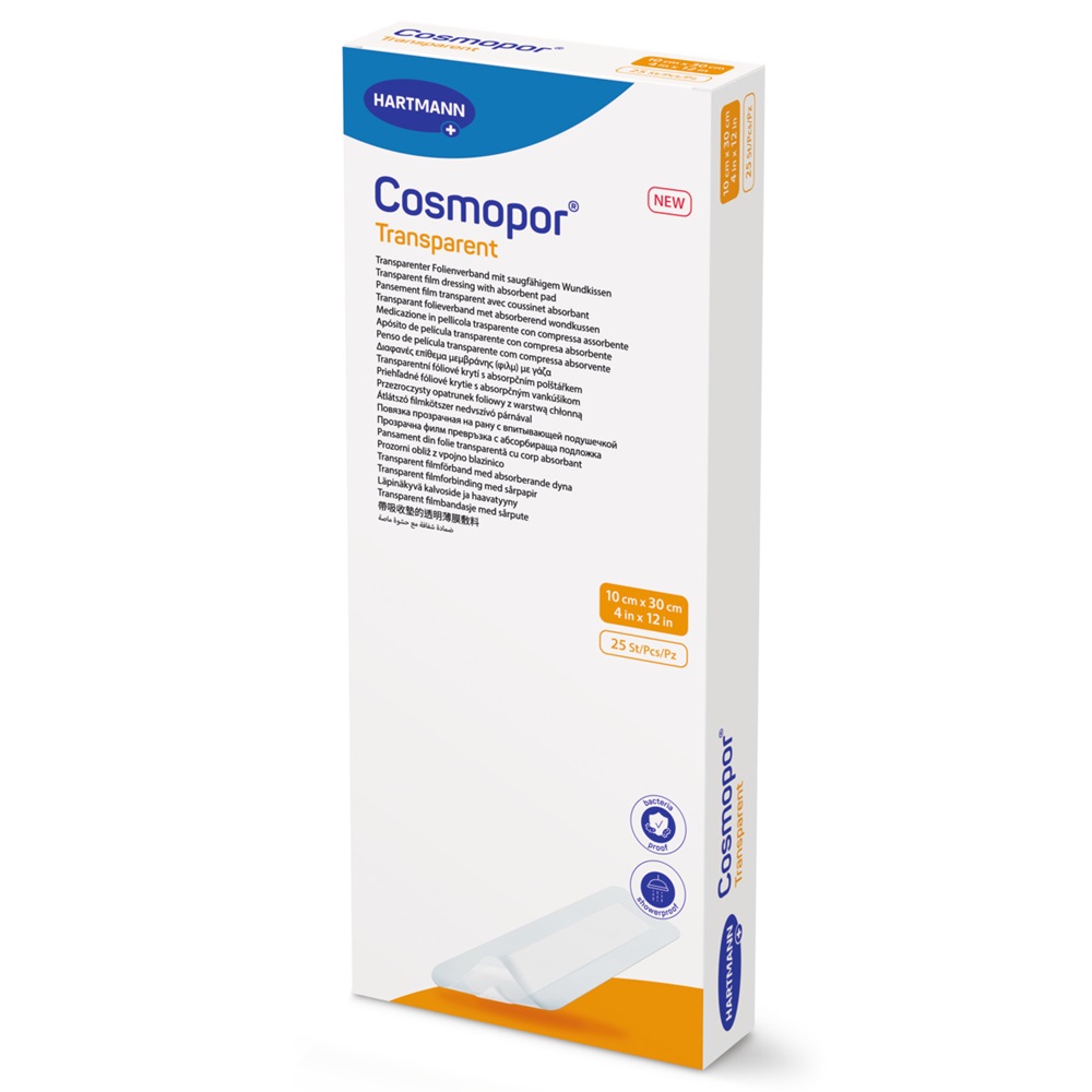 Plasture transparent cu compresa sterila Cosmopor Transparent 901060, 10 cm x 30 cm, 25 bucati, Hartmann