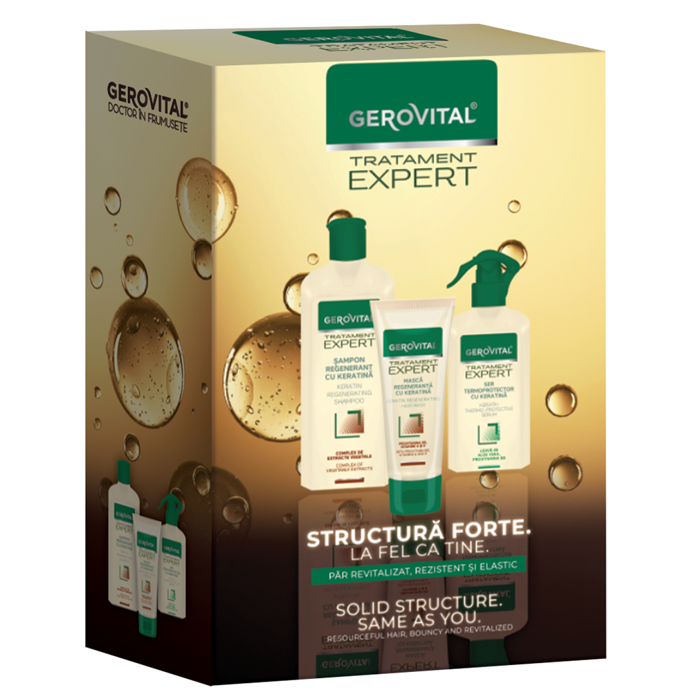 Set Sampon regenerant 250 ml + Masca regeneranta 150 ml + Ser termoprotector 150 ml Tratament Expert, Gerovital