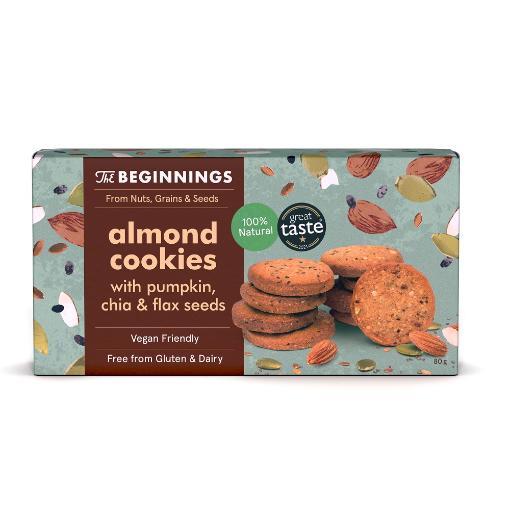 Cookies cu migdale,seminte de dovleac, chia si in, vegan, fara gluten, 80 g, The Beginnings