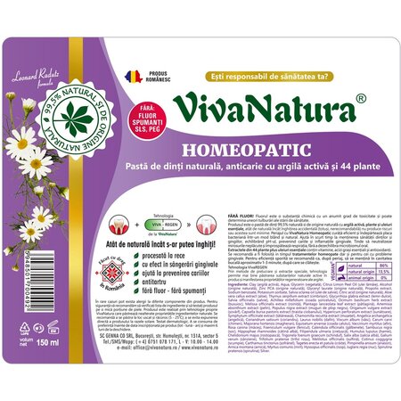 Pasta de dinti cu argila si 44 plante Homeopatic, 150 ml, Vivanatura 709683