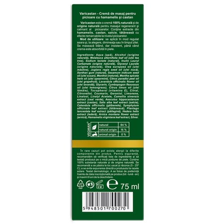 Crema de masaj pentru picioare Varicastan, 75 ml, Vivanatura 709955