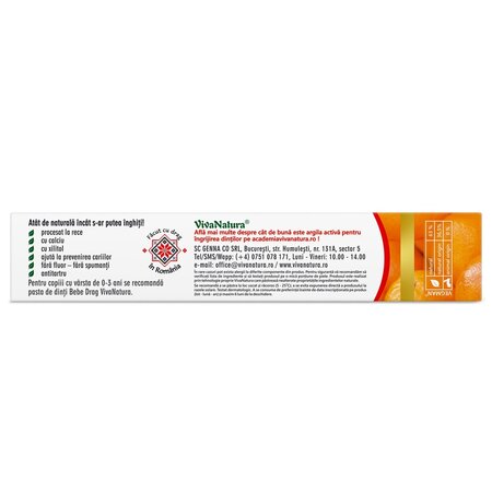 Pasta de dinti naturala pentru copii cu argila activa si portocale Junior, 80 ml, Vivanatura 709790