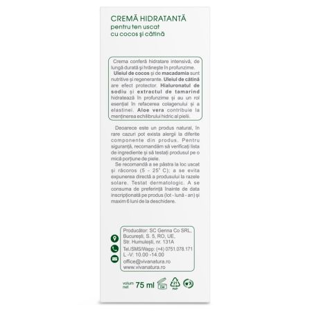 Crema de fata hidratanta pentru ten uscat, 75 ml, Vivanatura 710042