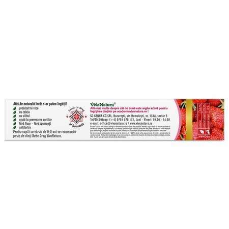 Pasta de dinti naturala pentru copii cu argila activa si capsuni Junior, 80 ml, Vivanatura 709688