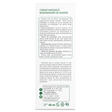 Crema regeneranta de noapte, 45 ml, Vivanatura 710119