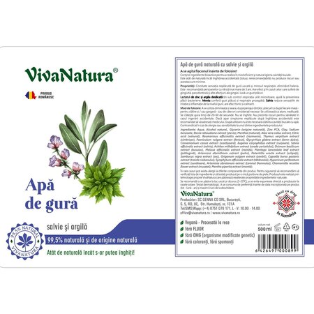 Apa de gura cu salvie si argila, 500 ml, Vivanatura 710159