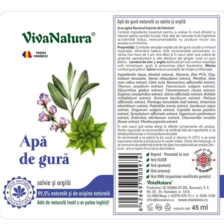 Apa de gura cu salvie si argila, 45 ml, Vivanatura 710181