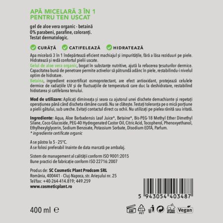 Apa micelara 3 in 1 pentru ten uscat, 400 ml, Cosmetic Plant 712516