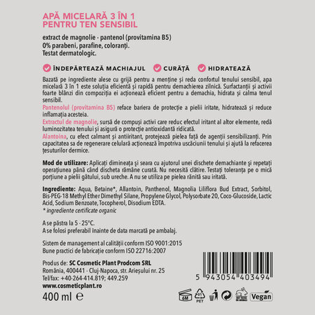 Apa micelara 3 in 1 cu extract de magnolie si pantenol pentru ten sensibil, 400 ml, Cosmetic Plant 712554