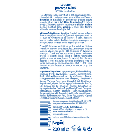 Emulsie plaja rezistenta la apa pentru copii cu ulei de catina SPF 50, 200 ml, Cosmetic Plant 712148