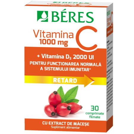 Vitamina C 1000 mg comprimat filmat RETARD + Vitamina D3 2000 UI, 30 comprimate, Beres