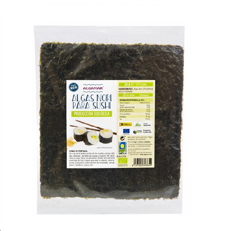 Alge marine nori bio pentru sushi, 25 g 10 folii, Algamar