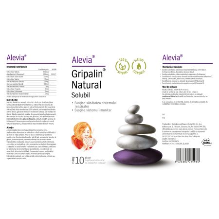 Gripalin Natural solubil 10 plicuri + Vitamina C 1000 mg Retard cu Zn si D3 30 comprimate, Alevia 655787