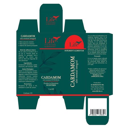 Ulei esential integral de cardamom Life, 5 ml, Bionovativ 705251