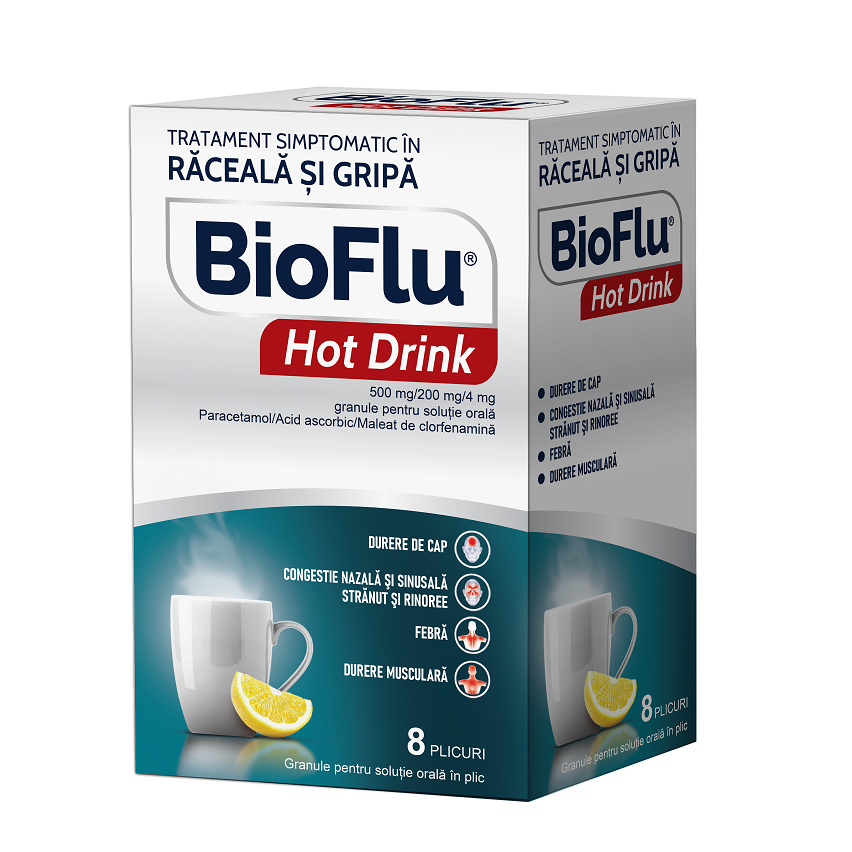 Bioflu Hot Drink, 500 mg/200 mg/4 mg granule pentru soluţie orală, 8 plicuri, Biofarm