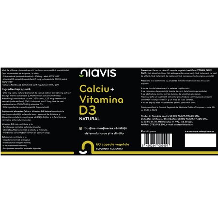 Calciu + Vitamina D3 Natural, 60 capsule, Niavis 601514