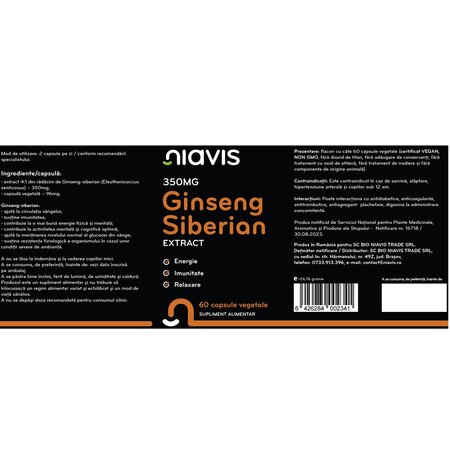 Ginseng siberian, 350 mg, 60 capsule, Niavis 601555