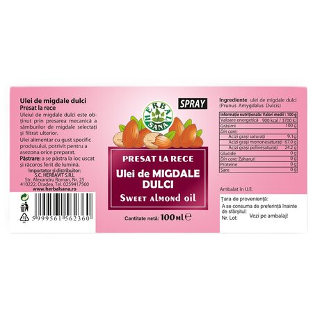 Spray cu ulei de migdale dulci, 100 ml, Herbavit 705454