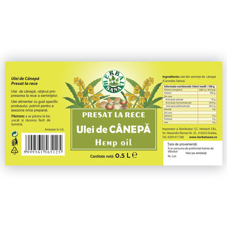 Ulei de canepa presata la rece, 250 ml, Herbavit 756515