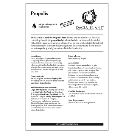 Extract natural de propolis fara alcool, 20 ml, Dacia Plant 593196