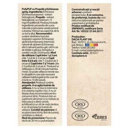 Spray cu propolis si echinacea PufyPUF, 20 ml, Dacia Plant 739031