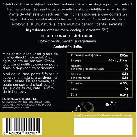 Otet Bio din cidru de mere nefiltrat, 250 ml, Niavis 601615