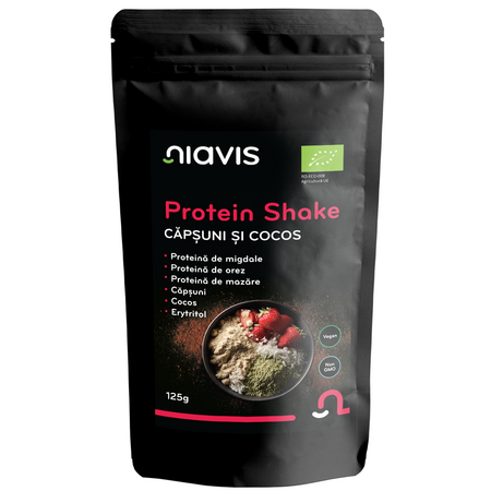 Protein Shake Bio cu capsuni si cocos, 125 g, Niavis