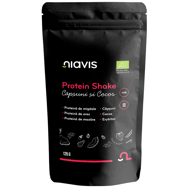 Protein Shake Bio cu capsuni si cocos, 125 g, Niavis