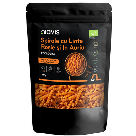 Spirale Bio cu linte rosie si in auriu, 250 g, Niavis