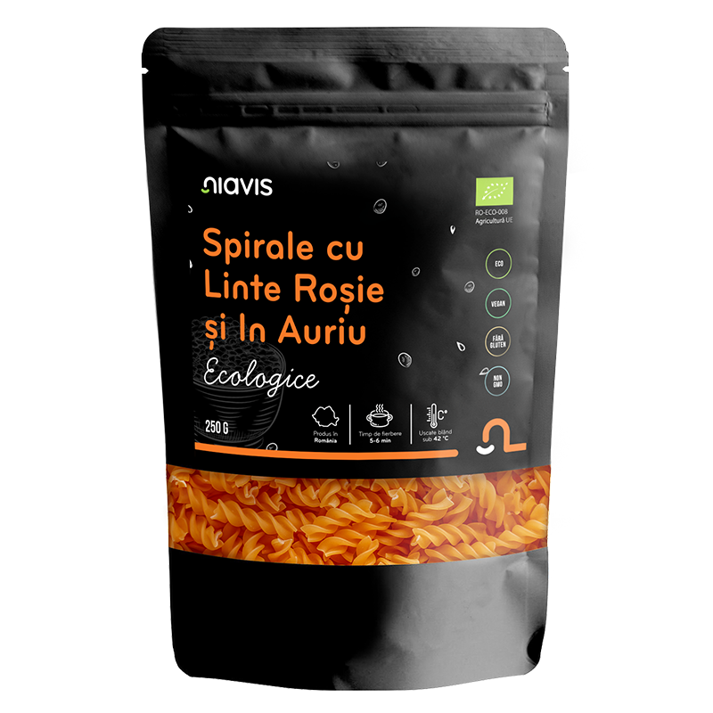 Spirale Bio cu linte rosie si in auriu, 250 g, Niavis