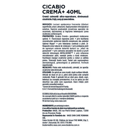 Crema reparatoare pentru leziuni superficiale, arsuri si cicatrici Cicabio Creme+, 40 ml, Bioderma 702333