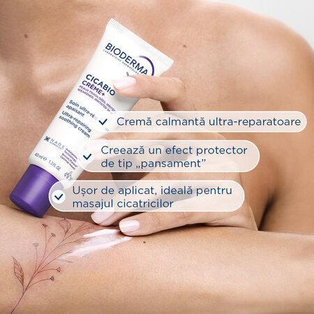 Crema reparatoare pentru leziuni superficiale, arsuri si cicatrici Cicabio Creme+, 40 ml, Bioderma 702325
