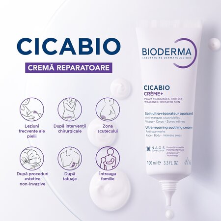 Crema reparatoare pentru leziuni superficiale, arsuri si cicatrici Cicabio Creme+, 100 ml, Bioderma 702259