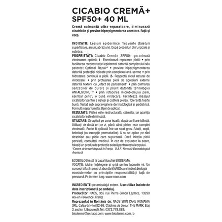 Crema reparatoare cu SPF50+ Cicabio Creme+, 40 ml, Bioderma 737739