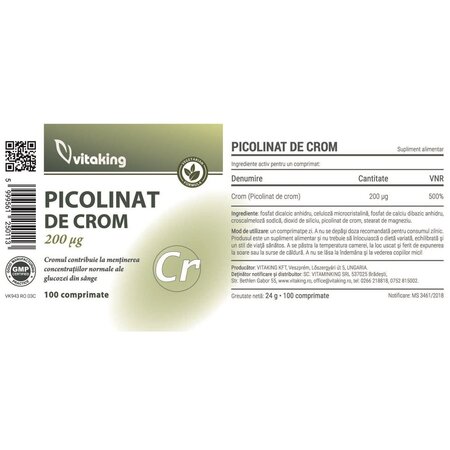 Picolinat de crom, 200 mcg, 100 comprimate, Vitaking 709514