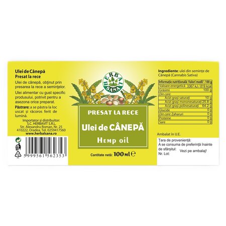 Ulei de canepa presat la rece, 100 ml, Herbavit 705452