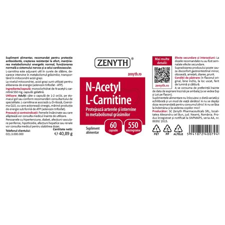 N-Acetyl L-Carnitine, 550 mg, 60 capsule, Zenyth : Farmacia Tei online