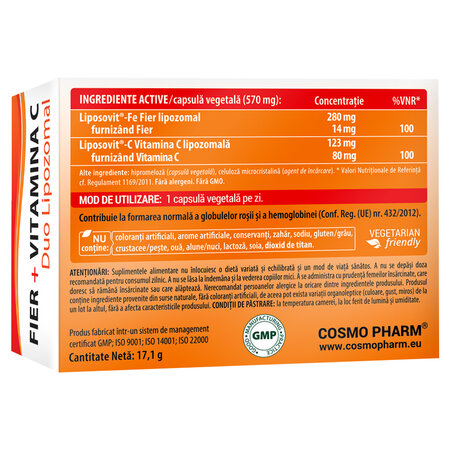 Fier + Vitamina C Duo Lipozomal, 30 capsule, Cosmopharm 755287