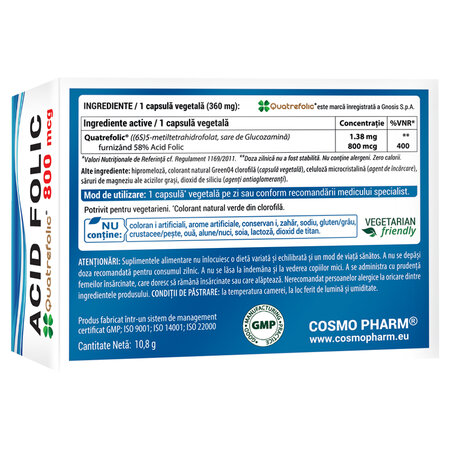 Acid Folic Quatrefolic, 800mcg, 30 capsule vegetale, Cosmopharm 753683