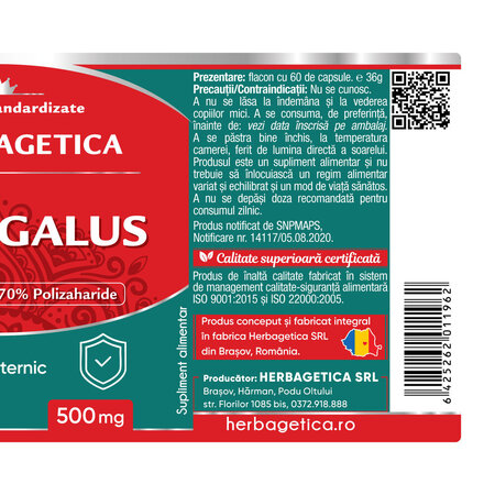 Astragalus, 500 mg, 60 capsule, Herbagetica 688707