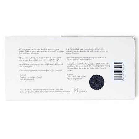 Pieptene din acetat de celuloza cu husa din piele vegana, Negru, 1 bucata, You First 744075