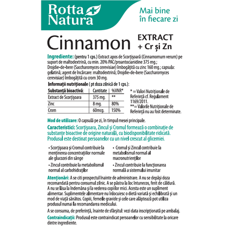 Cinnamon extract + Crom si Zinc, 90 capsule, Rotta Natura 594912
